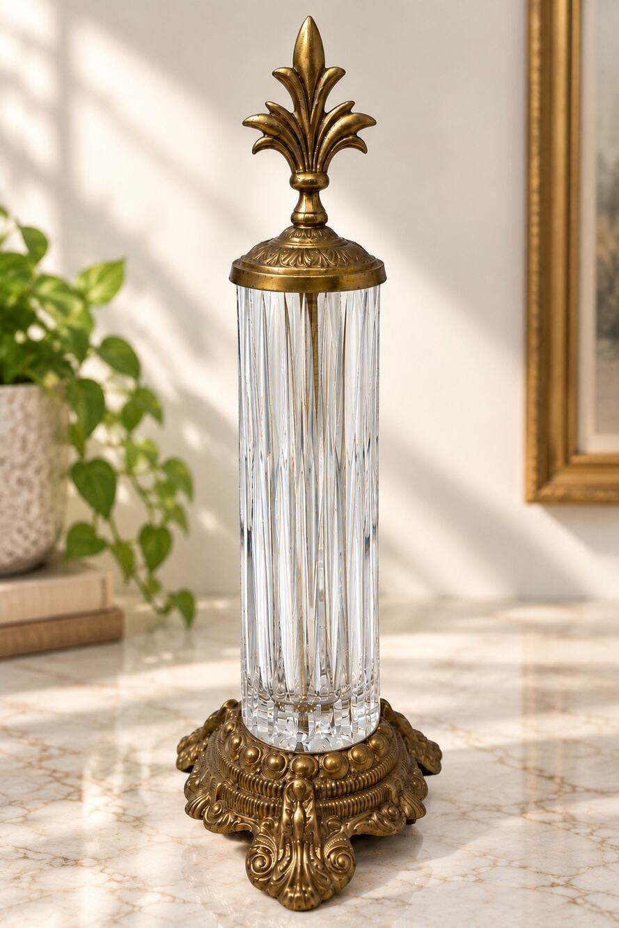 1970s Vintage Crystal Brass Column 15” Fleur de Lis Hollywood Regency